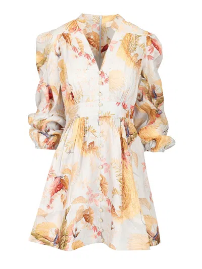 Zimmermann Ascension Light Blue Mini Dress With Flared Skirt And All-over Print In Linen Woman In Neutral