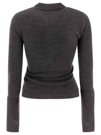 Ganni Grey Sweater With Classic Collar And Check Motif On The Front In Gray
