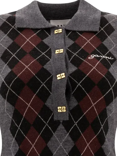 Ganni Grey Sweater With Classic Collar And Check Motif On The Front In Gray