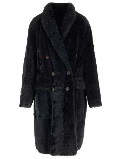 Brunello Cucinelli Shearling Coat Coats Blue In Multi