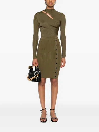 Self-portrait Self Portrait Ribbed Knit Mini Dress With Cut Outs In Khaki In Green