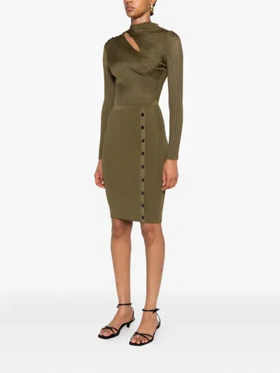 Self-portrait Self Portrait Ribbed Knit Mini Dress With Cut Outs In Khaki In Green