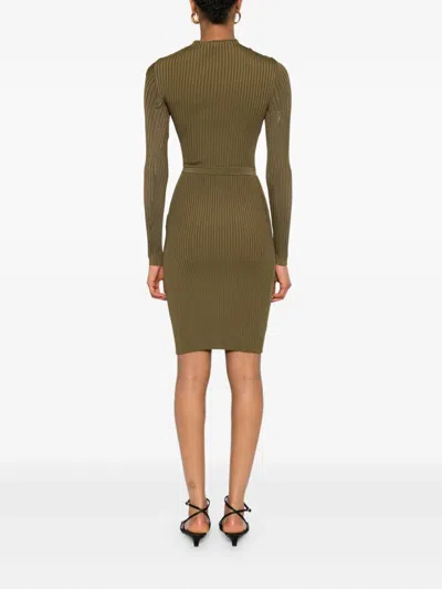 Self-portrait Self Portrait Ribbed Knit Mini Dress With Cut Outs In Khaki In Green