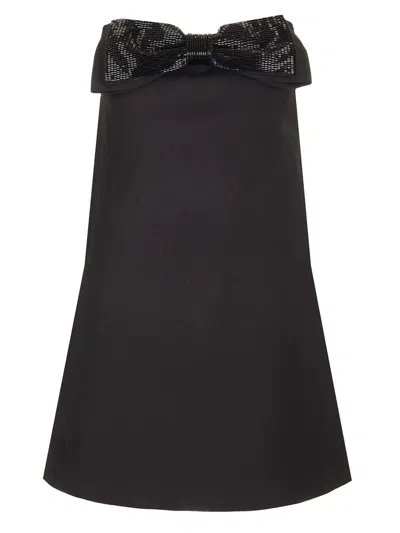 Self-portrait Black Sleeveless Mini Dress With Bandeau And Beaded Oversize Bow In Tech Fabric Woman