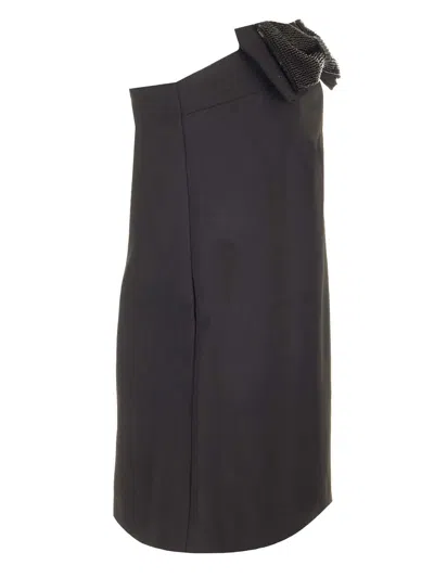 Self-portrait Black Sleeveless Mini Dress With Bandeau And Beaded Oversize Bow In Tech Fabric Woman