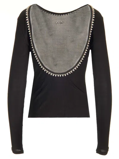 Off-white Pearl Embellished Ribbed Top In Black