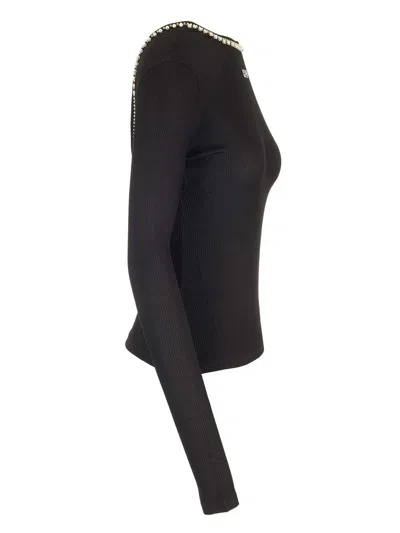 Off-white Pearl Embellished Ribbed Top In Black