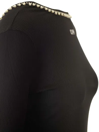 Off-white Pearl Embellished Ribbed Top In Black