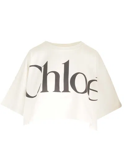 Chloé White Cropped T-shirt With Logo Lettering Print In Cotton Woman In White