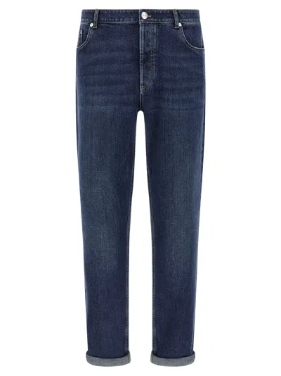 Brunello Cucinelli Logo Embroidery Stretch Jeans Blue In Blue
