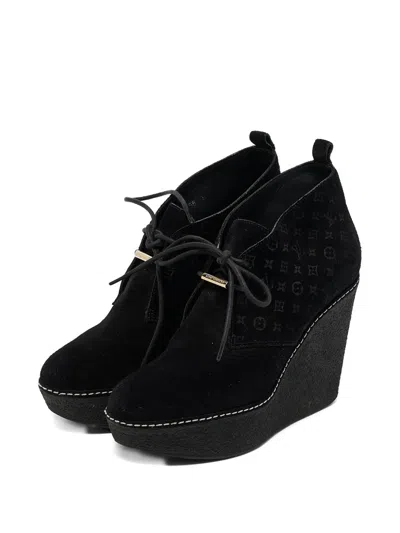 Pre-owned Louis Vuitton 100mm Suede Wedge Monogram Boots In Black
