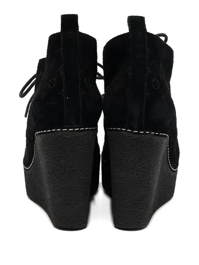 Pre-owned Louis Vuitton 100mm Suede Wedge Monogram Boots In Black