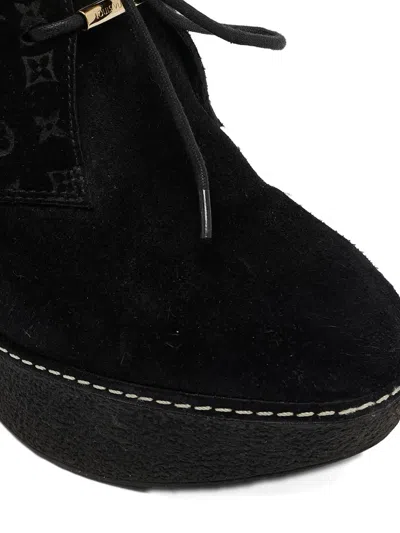Pre-owned Louis Vuitton 100mm Suede Wedge Monogram Boots In Black