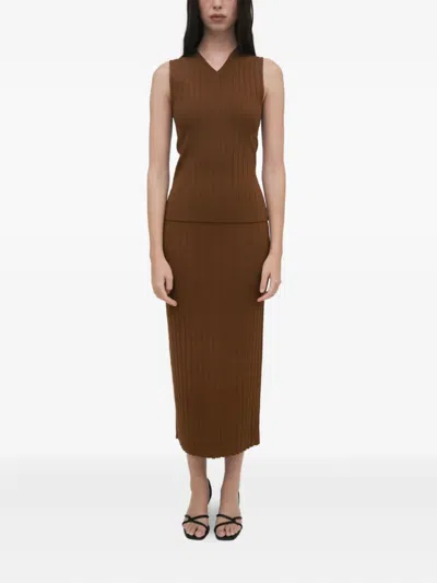 Rosetta Getty Ribbed Midi Skirt In Brown