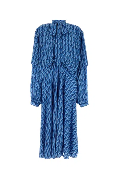 Balenciaga Blue Long Dress With All-over Print And Bow Closure In Fabric Woman In Blue
