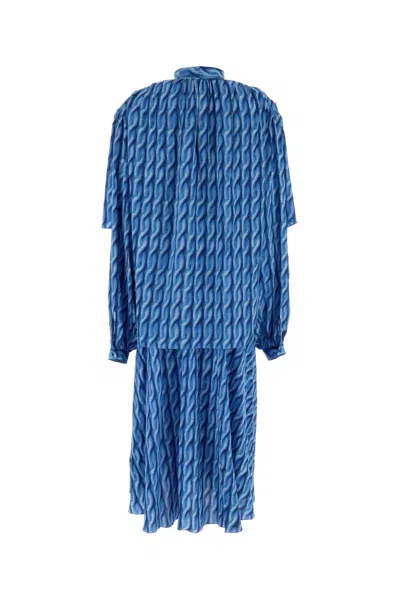 Balenciaga Blue Long Dress With All-over Print And Bow Closure In Fabric Woman In Blue