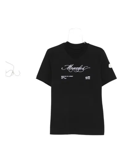 Moncler Cotton Crew Neck T-shirt With Embroidered Logo In Black