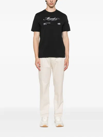 Moncler Cotton Crew Neck T-shirt With Embroidered Logo In Black