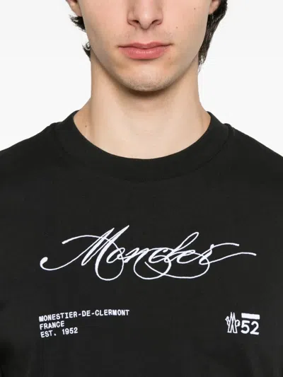 Moncler Cotton Crew Neck T-shirt With Embroidered Logo In Black
