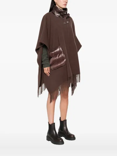 Herno Brown Cape With Drawstring Collar And Fringed Hem In Tech Fabric Woman In Brown