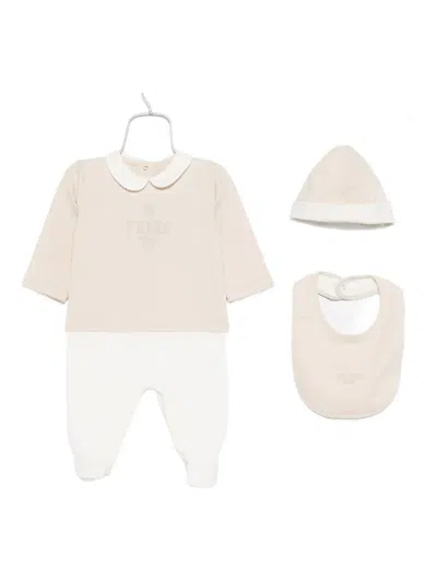 Fendi Logo-embroidered Babygrow Set (three-piece Set) In Brown