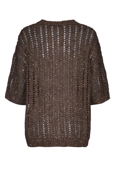 Brunello Cucinelli Rustic Duzzling Net Jersey Sweater In Brown