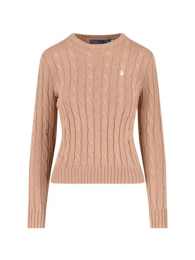 Polo Ralph Lauren Cable Knit Beige Sweater With Logo Embroidery In Nude