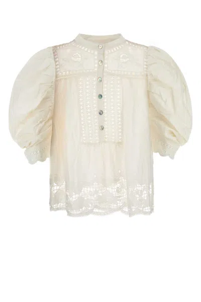 Farm Rio Romantic Richelieu Puffed Sleeve Blouse In Multi