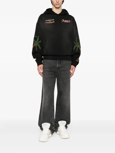 Amiri Hooded Sweatshirt With Front Pocket And Palm Tree Motif In Black