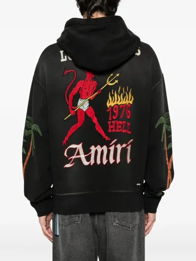 Amiri Hooded Sweatshirt With Front Pocket And Palm Tree Motif In Black