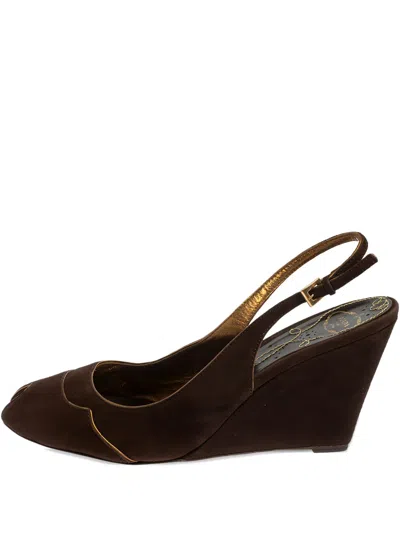 Pre-owned Prada Velvet-finish Wedge Sandals In Brown