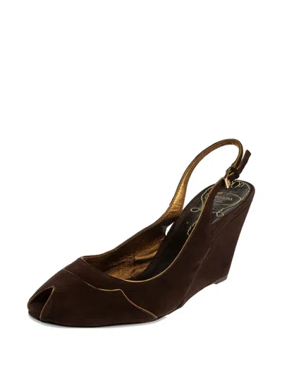 Pre-owned Prada Velvet-finish Wedge Sandals In Brown