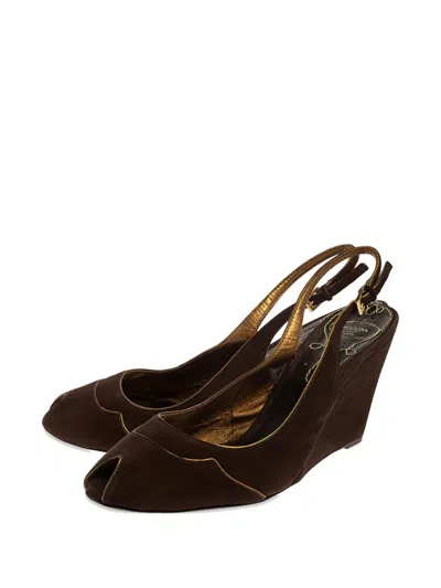 Pre-owned Prada Velvet-finish Wedge Sandals In Brown