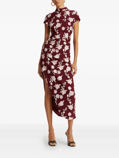 Rotate Birger Christensen Rotate Asymmetric Red Dress With Floral Embroidery And Short Sleeves In Burgundy
