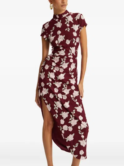 Rotate Birger Christensen Rotate Asymmetric Red Dress With Floral Embroidery And Short Sleeves In Burgundy