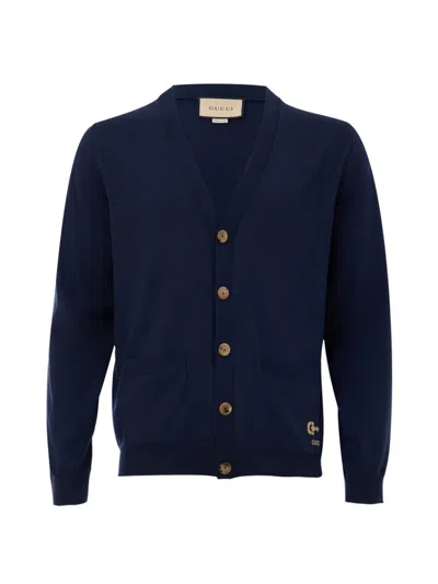 Gucci Blue Cardigan In Slim Wool With Embroidery Logo  In Blue