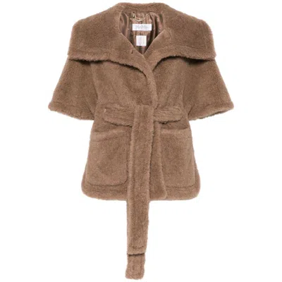 Max Mara Waist Belted Faux Fur Short Sleeve Jacket In Blue