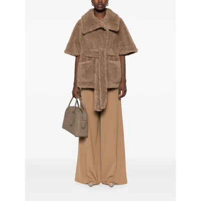 Max Mara Waist Belted Faux Fur Short Sleeve Jacket In Blue