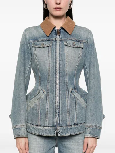 Alexander Mcqueen Corduroy Collar Peplum Denim Jacket