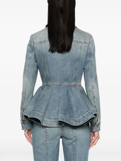 Alexander Mcqueen Corduroy Collar Peplum Denim Jacket