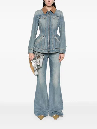 Alexander Mcqueen Corduroy Collar Peplum Denim Jacket
