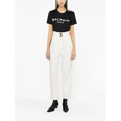 Balmain Black Crewneck T-shirt With Logo Print And Golden Buttons In Jersey Woman