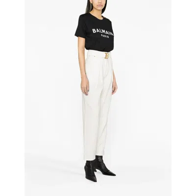 Balmain Black Crewneck T-shirt With Logo Print And Golden Buttons In Jersey Woman
