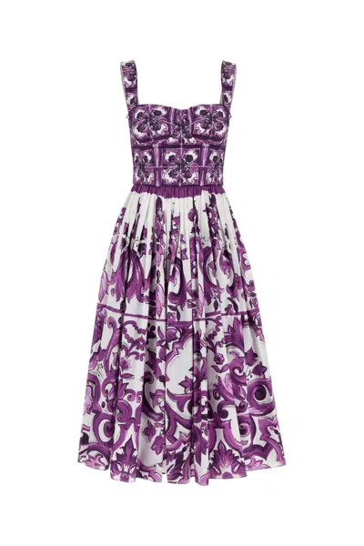 Dolce & Gabbana Dress With Purple Majolica Print In Cotton Poplin In Purple