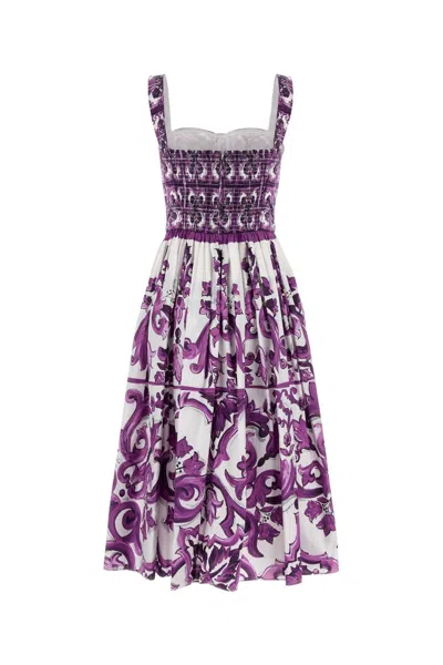 Dolce & Gabbana Dress With Purple Majolica Print In Cotton Poplin In Purple