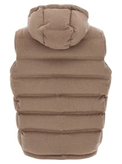 Brunello Cucinelli Men Sleeveless Wool Down Jacket With Detachable Hood In Brown