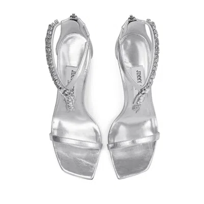 Jimmy Choo 'crystal' Metallic Sandals With Rhinestoned Ankle Strap And High Curved Heel