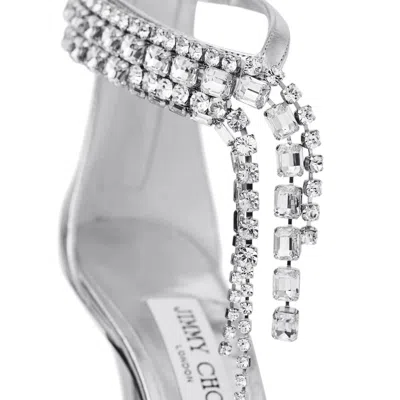 Jimmy Choo 'crystal' Metallic Sandals With Rhinestoned Ankle Strap And High Curved Heel