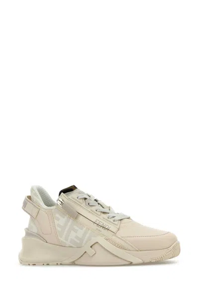 Fendi Ivory Leather And Jacquard  Flow Sneakers