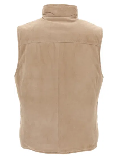 Brunello Cucinelli Beige Suede Sleeveless Down Jacket In Neutral